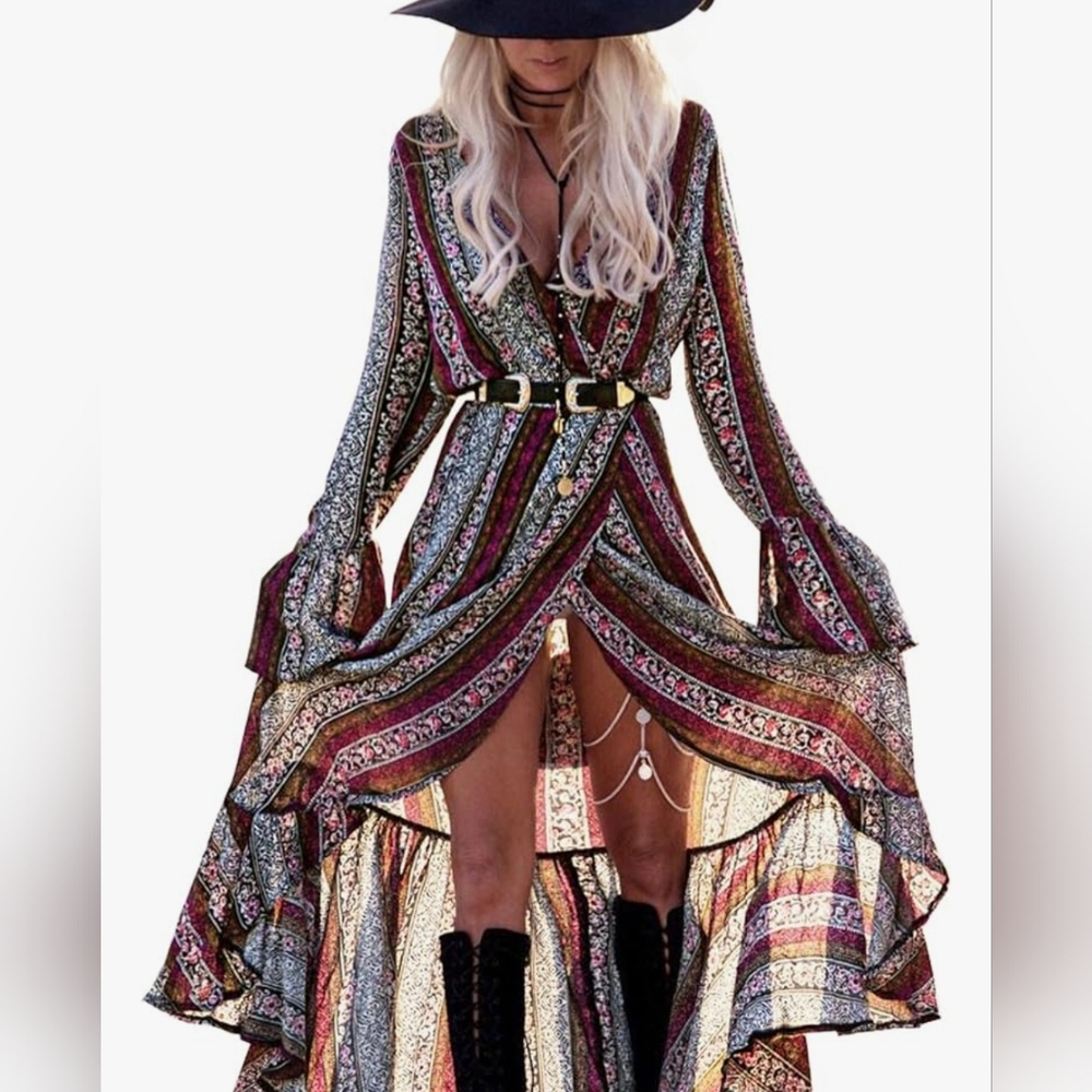 Purple/Navy Long Sleeve Plunge Boho  Maxi